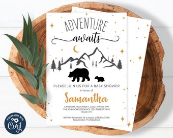 Adventure Awaits Baby Shower Invitation, Rustic Forest and Mountain Invite, Gender Neutral, Gold and Gray, INSTANT DOWNLOAD 0008