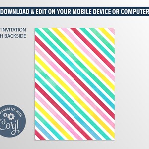 May include: A digital invitation template with a colourful striped background. The template is 5 inches by 7 inches and includes a customisable area for text. The text "PERSONALIZE WITH Corjl" is visible in the bottom left corner.