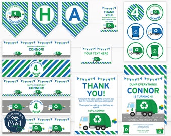 EDITIERBARE Trash Truck Geburtstagsset Müllwagen Dekor Zeichen Tags Banner Recycling Partybedarf Corjl INSTANT DOWNLOAD 0031