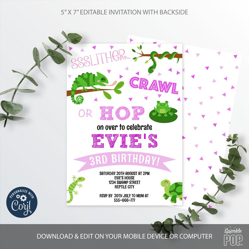 Reptile Invitation Pink Reptiles Birthday Party Printable Etsy
