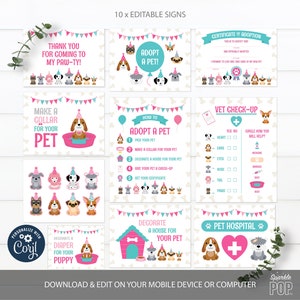 Puppy Birthday Party, Adopt a Pet Sign, Pet Adoption Certificate, 10 Printable Signs, INSTANT DOWNLOAD 0003
