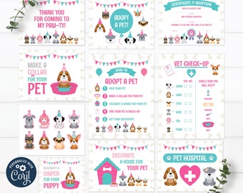 May include: Ten printable signs for a puppy adoption party. The signs feature cute cartoon dogs wearing party hats and include text such as "Adopt a Pet!" and "Make a Collar for Your Pet".