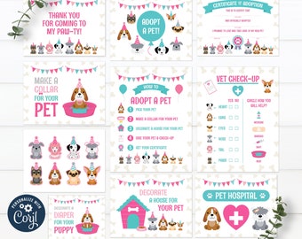 Puppy Birthday Party, Adopt a Pet Sign, Pet Adoption Certificate, 10 Printable Signs, INSTANT DOWNLOAD 0003