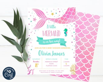 Editable Mermaid Baby Shower Invitation Under the Sea Baby Sprinkle Invite A Little Mermaid Is On Her Way INSTANT DOWNLOAD 0029