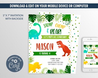 Convite de dinossauro, convite de aniversário de dinossauro EDITÁVEL, DOWNLOAD INSTANTÂNEO