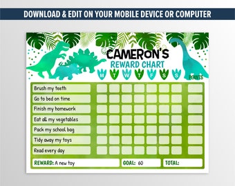 Editable Dinosaur Reward Chart, T-rex Routine Chart, Kids Chore Chart, Instant Download