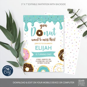 Editable Donut Birthday Invitation, You Donut Want to Miss this Party, Turquoise Donut, Printable, INSTANT DOWNLOAD 0002