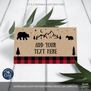 EDITABLE Lumberjack Food Label Buffalo Plaid Place Card Tent Card Bear Birthday Party Decorations Corjl PRINTABLE Instant Download 0009