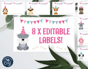 May include: Eight printable food labels featuring various dog breeds wearing party hats. The labels are 3.5 inches by 2 inches and are designed for a dog-themed party. The text on the labels reads "8 x Editable Labels!"