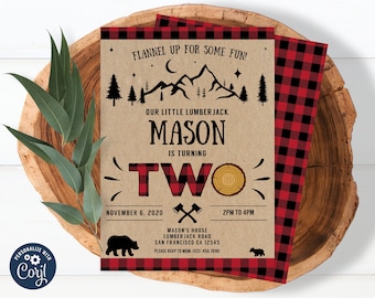 Editable Lumberjack Birthday Invitation 2nd Birthday Red Black Plaid Rustic Woodland Bear Forest, Printable Instant Download 0009