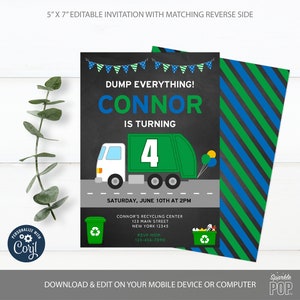 EDITABLE Trash Truck Birthday Invitation Garbage Truck Invite Recycling Truck Recycle Printable INSTANT DOWNLOAD 0031