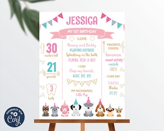 May include: A pink and blue printable birthday milestone sign for a first birthday. The sign features a dog theme with illustrations of dogs wearing party hats. The sign includes the name "Jessica" and the text "My 1st Birthday". The sign also includes milestones such as height, weight, and teeth. The sign is editable and can be personalized with the child's name and other information.