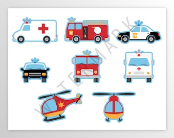 Emergency Vehicles Cupcake Toppers, Firetruck Cupcake Toppers, Ambulance Toppers, Police Toppers, Instant Download