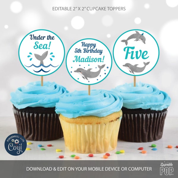 Dolphin Cupcake Toppers, Editable Dolphin Favor Tags, Dolphin Birthday Stickers Labels Template Corjl lNSTANT DOWNLOAD 0026