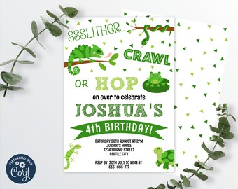 May include: Green and white 5x7 inch printable invitation for a 4th birthday party. The invitation features a green chameleon, snake, frog, and turtle. The text reads "Ssslither... Crawl or Hop on over to celebrate Joshua's 4th Birthday!"  Saturday, 20th August at 2pm, Joshua's House, 1234 Swamp Street, Reptile City. RSVP by 20th July to Mum at 555-666-777.