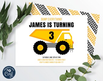 May include: A yellow dump truck with black wheels and a black ladder on the side. The truck has a number "3" on the side. The text "DUMP EVERYTHING!" and "JAMES IS TURNING" is above the truck. The text "SATURDAY, JUNE 10TH AT 2PM" is below the truck. The text "JAME'S CONSTRUCTION SITE 123 MAIN STREET" is below the date. The text "RSVP TO JAMES'S MUM AT 555-666-777" is below the address. The background is a white rectangle with a black and yellow tire tread pattern on the right side.