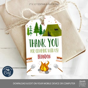 EDITABLE Camping Birthday Favor Tag Camping Party Thank You Tag S&#39;more Bonfire Gift Tags Thank You Corjl lNSTANT DOWNLOAD 0032
