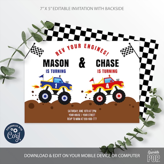 Double Birthday Monster Truck Invitation, Joint Invitation, Sibling  Party Invite, INSTANT DOWNLOAD 0006