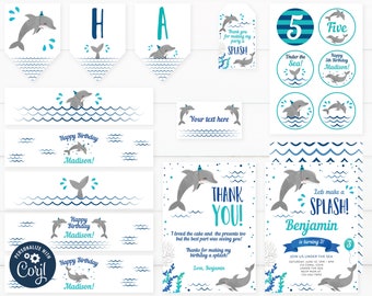 May include: Editable dolphin party set with blue and white waves, a dolphin with a party hat, and the text "Happy Birthday Madison!" and "Let's make a splash! Benjamin is turning 3!"