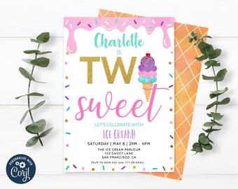 Editable Ice Cream Invitation, Ice Cream Birthday Invitation Two Sweet, 2nd Birthday Party, Printable, Instant download 0012