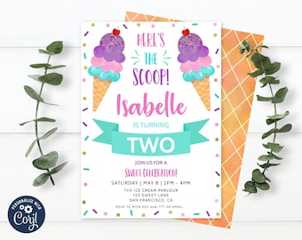 Editable Ice Cream Birthday Invitation, Here's The Scoop Ice Cream Cone, Printable, Instant download 0012