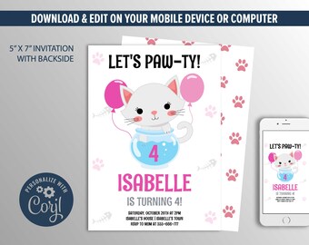 Cat Invitation, Kitten Birthday Invitation, Kitty Party Editable Invitation