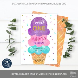 Editable Ice Cream Birthday Invitation, First Birthday Party, Sweet One Ice Cream Cone, Printable, Instant download 0012