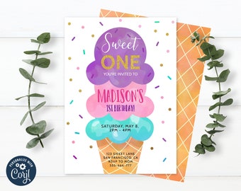 Editable Ice Cream Birthday Invitation, First Birthday Party, Sweet One Ice Cream Cone, Printable, Instant download 0012