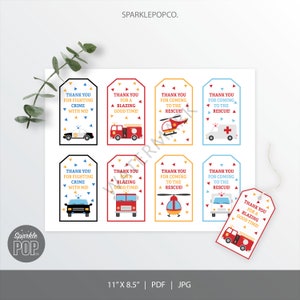 Politie gunst Tags, afdrukbare Emergency voertuig Tags, brandweerwagen, helikopter, ambulance dank u partij Tags, Instant Download