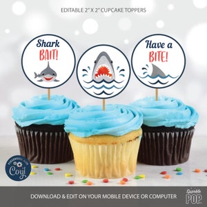 Shark Cupcake Toppers, Editable Shark Favor Tags, Shark Birthday Stickers Labels Template Corjl lNSTANT DOWNLOAD 0015