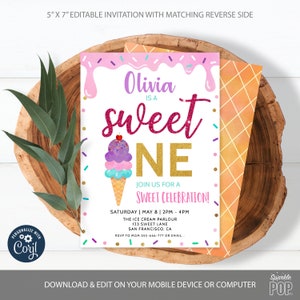 Editable Ice Cream Invitation, Ice Cream Birthday Invitation, Ice Cream Sweet One 1st Party, Printable, Instant download 0012
