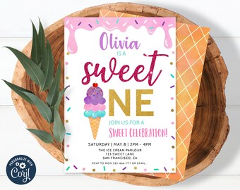 Editable Ice Cream Invitation, Ice Cream Birthday Invitation, Ice Cream Sweet One 1st Party, Printable, Instant download 0012