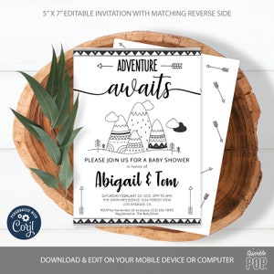 Tribal Baby Shower Invitation, Adventure Awaits, Forest and Mountain Invite, Gender Neutral, Minimal, Modern, INSTANT DOWNLOAD 0010
