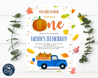 Editable Pumpkin Truck First Birthday Invitation Fall 1st Birthday Autumn Birthday Corjl Template Printable Instant Download 0024