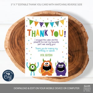 EDITIERBARE Little Monster Dankeschön Karte Monster 1st Birthday Party Corjl Printable SOFORTIGER DOWNLOAD 0011