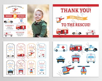 Emergency Vehicles Birthday Party Set, Editable Invitation with Photo, Police Car, Fire Truck, Ambulance, Rescue Squad