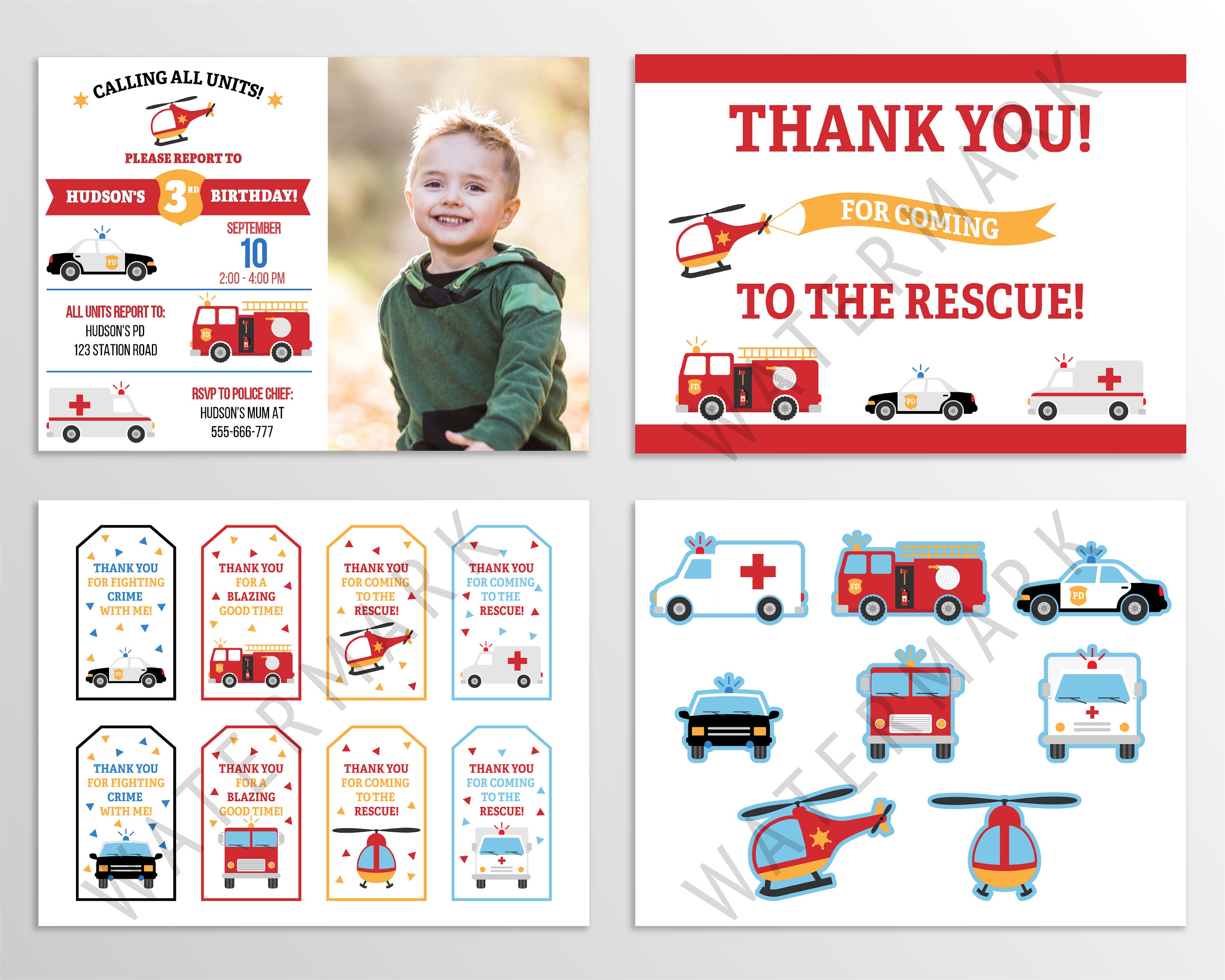 Emergency Vehicles Birthday Party Set Editable Invitation Etsy