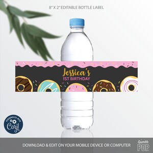 Editable Water Bottle Labels, Donut Water Bottle Label, Doughnut Birthday Printable, Baby Shower, INSTANT DOWNLOAD 0002