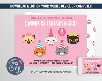 Cat Invitation, Kitten Birthday Invitation, Kitty Party Editable Invitation