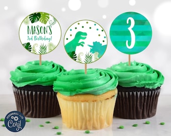Editable Dinosaur Cupcake Toppers Favor Tags Dinosaur Birthday Party Decor Stickers Watercolor Template Corjl lNSTANT DOWNLOAD 0022