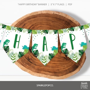 Happy Birthday Dinosaur Banner Watercolor Green Prehistoric Dinosaur Decor Instant download Party Decorations lNSTANT DOWNLOAD 0022