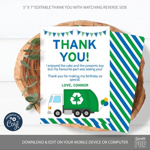 EDITABLE Trash Truck Birthday Thank You Card Garbage Truck Invite Recycle Party Printable INSTANT DOWNLOAD 0031