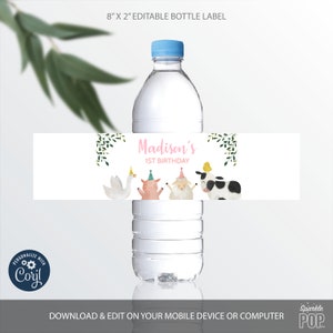Edytowalne etykiety na butelki ze zwierzętami gospodarskimi, naklejki na butelki z wodą na podwórku, baby shower w stodole, dekoracje na przyjęcie urodzinowe na farmie, natychmiastowe pobieranie 0007
