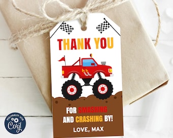 May include: Red monster truck favor tag with a white background. The tag says "Thank You" in red and yellow letters. It also says "For Smashing and Crashing By! Love, Max".