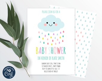 Invitación de la nube del bebé de la ducha, gotas de lluvia del bebé de la espolvoreación, invitación imprimible