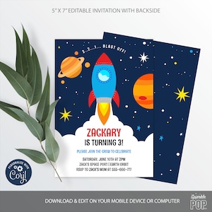 Space Rocket Birthday Invitation, Outer Space Editable Invitation, Astronaut, Blast Off, Spaceship, INSTANT DOWNLOAD 0001