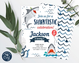Editable Shark Birthday Invitation, Baby Shark Party, Printable Invite, Sharktastic, Printable Template, Corjl, INSTANT DOWNLOAD, 0015
