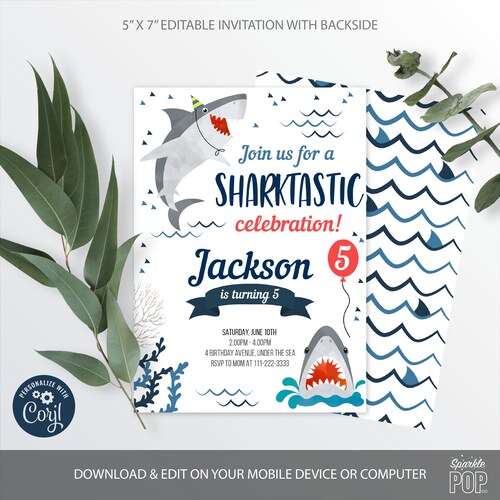 Printable Shark Birthday Party Invitation Boys Editable Shark - Etsy