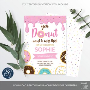 Editable Donut Birthday Invitation, You Donut Want to Miss this Party, Pink Donut, Printable, INSTANT DOWNLOAD 0002