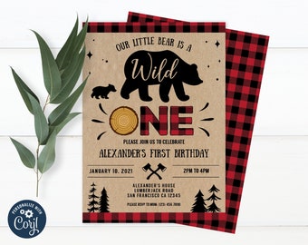 Editable Lumberjack First Birthday Invitation, Wild One 1st Birthday Buffalo Plaid Rustic Woodland Printable Instant Download 0009